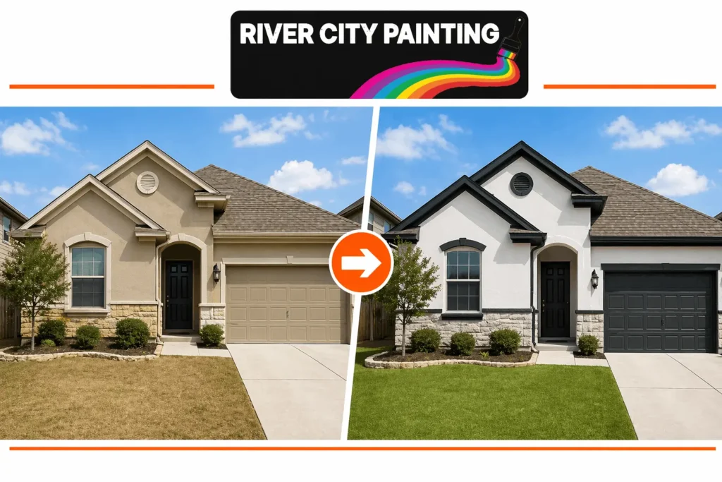 Does Painting Add Value to Your Home in San Antonio, TX? 21 Before and after comparison of a San Antonio home exterior showing fresh paint transformation with improved curb appeal and modern finish by River City Painting