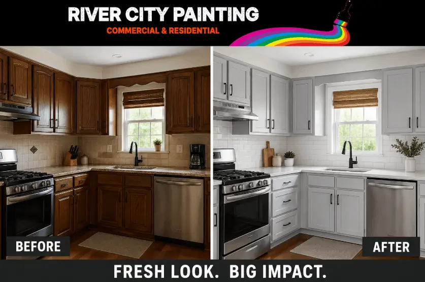 How to Prep Kitchen Cabinets for Painting in San Antonio 12 Before and after kitchen cabinet painting transformation with River City Painting logo, showing dark cabinets upgraded to modern white finish.