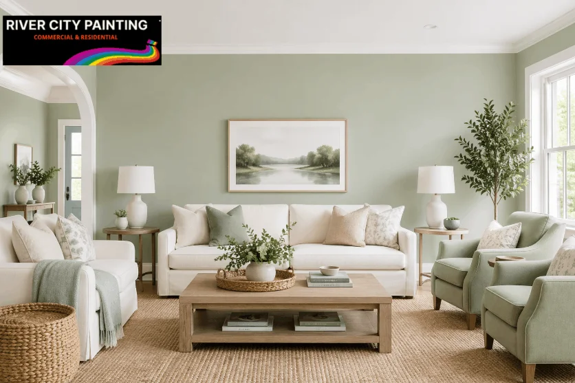 Top 5 Interior Painting Ideas for San Antonio Living Rooms (2026) 3 Bright airy living room with sage green walls, white trim, modern furniture, and River City Painting logo in corner
