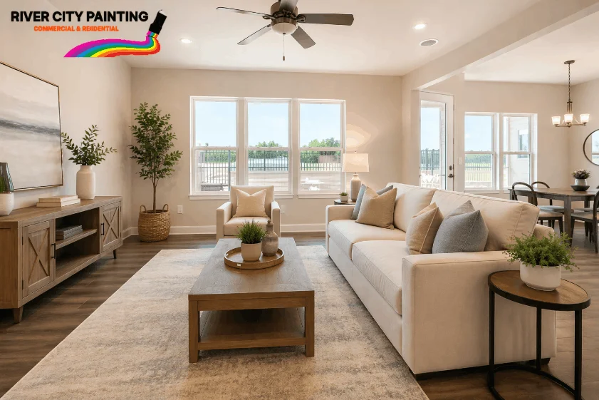 Top 5 Interior Painting Ideas for San Antonio Living Rooms (2026) 15 Bright modern living room with warm neutral paint colors and River City Painting logo in top left corner