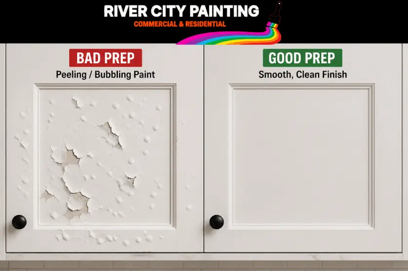 How to Prep Kitchen Cabinets for Painting in San Antonio 2 Cabinet painting comparison showing peeling, bubbling paint from poor prep vs smooth, clean cabinet finish with professional preparation by River City Painting.