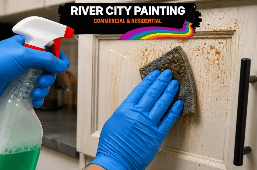 Close-up of cabinet door cleaning with spray and scrubbing pad, showing grease removal—professional kitchen cabinet prep for painting by River City Painting. 