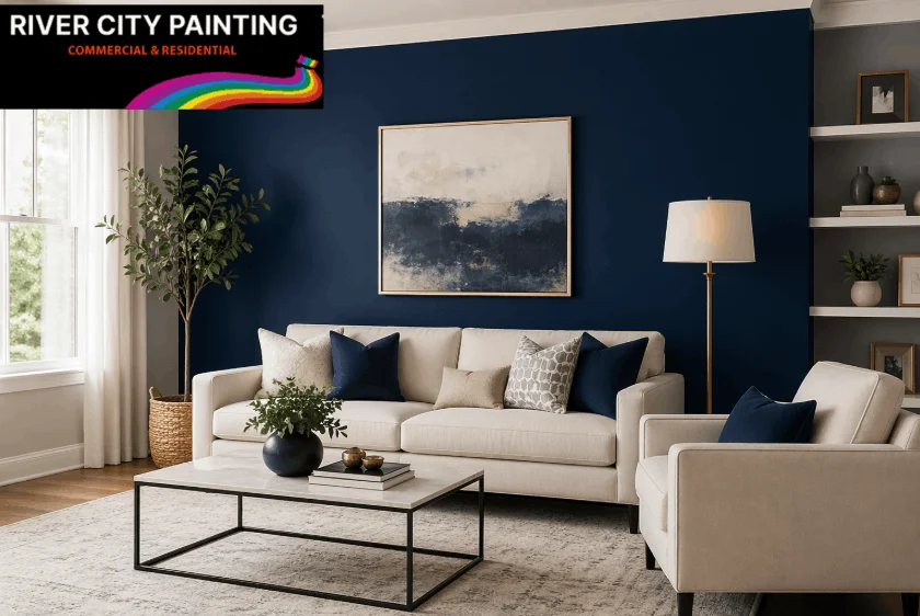 Top 5 Interior Painting Ideas for San Antonio Living Rooms (2026) 2 Modern living room with navy accent wall, light furniture, and professional interior painting design.