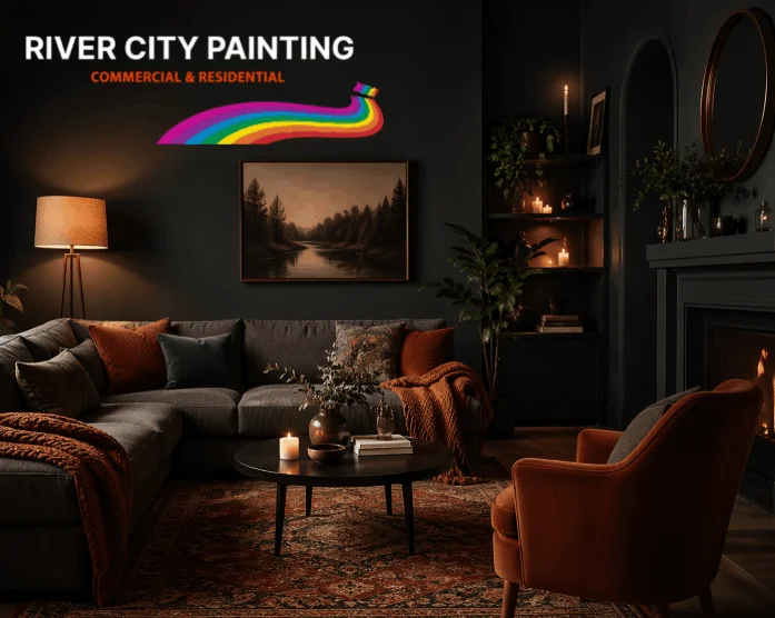 Top 5 Interior Painting Ideas for San Antonio Living Rooms (2026) 5 Moody cozy living room with dark charcoal walls, warm lighting, candles, and modern decor, featuring River City Painting branding.