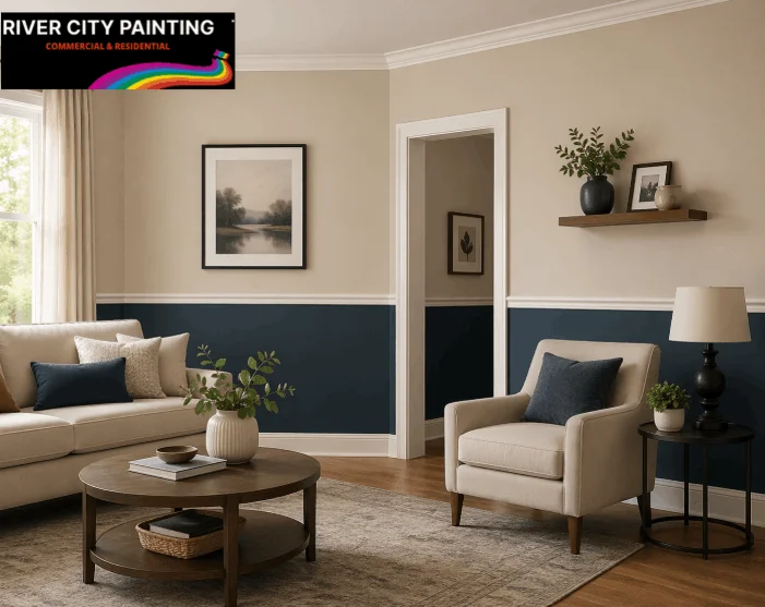 Top 5 Interior Painting Ideas for San Antonio Living Rooms (2026) 4 Two-tone living room wall paint design with chair rail, modern furniture, and River City Painting logo in a bright, neutral interior setting.