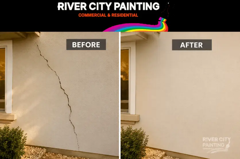 What Causes Drywall Cracks and Holes in San Antonio Homes? 4 Before and after cracked wall repair and exterior painting service in San Antonio by River City Painting.