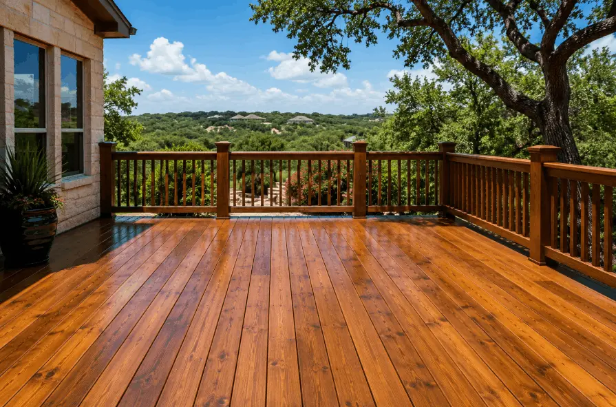 When Should You Stain Your Deck in San Antonio, TX? A Complete Guide 3 Freshly stained cedar deck in San Antonio TX backyard by River City Painting