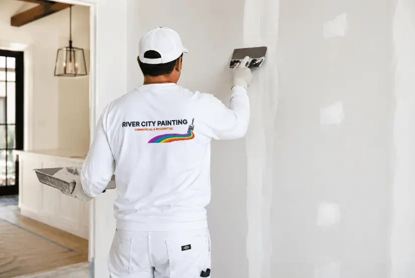 How Long Does Drywall Repair Take in San Antonio? 6 Professional drywall repair contractor applying joint compound on a smooth white wall inside a modern San Antonio residential interior.