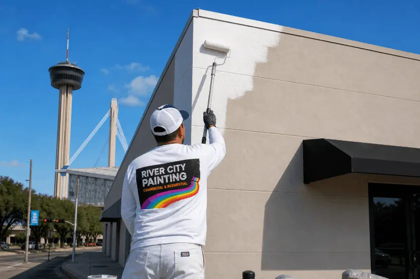 How Long Does a Commercial Painting Project Take in San Antonio? 10 Professional painter painting commercial exterior in San Antonio wearing River City Painting uniform under clear blue sky.