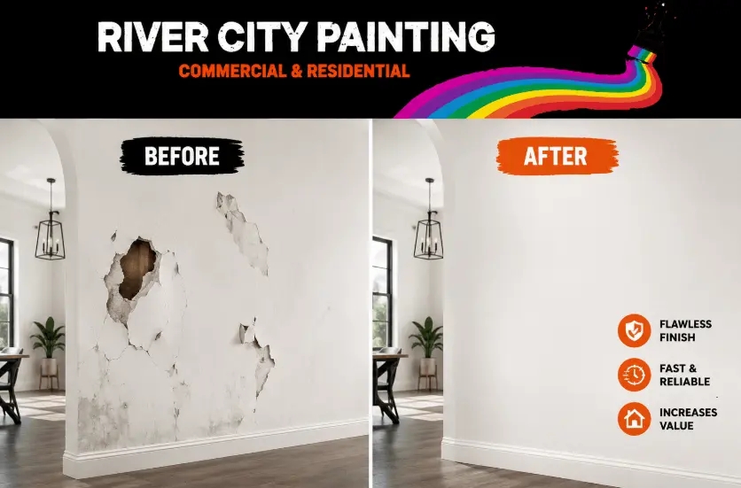 Split image showing damaged drywall before repair and a perfectly smooth painted wall after professional drywall restoration service.