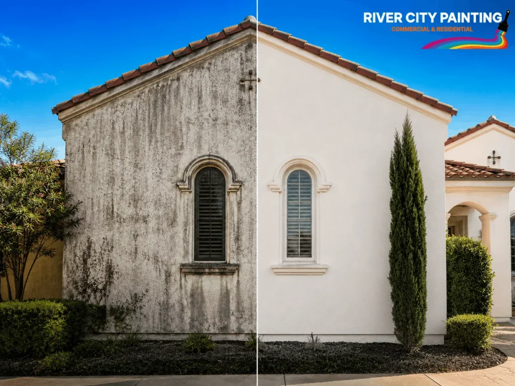 Power Washing for San Antonio Homes: What It Is and Why Your Home Needs It? 10 Before and after San Antonio stucco exterior power washing by River City Painting