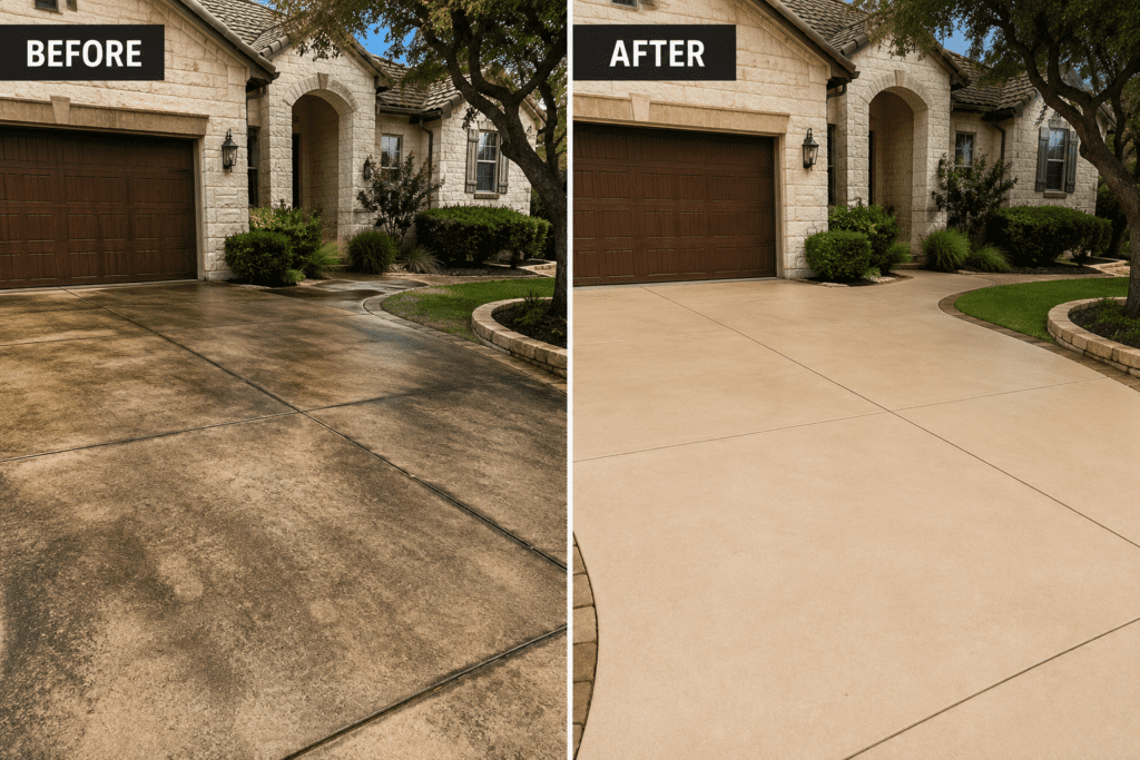 Can Power Washing Help Improve Your Home's Curb Appeal? 2 Driveway makeover transformation comparison