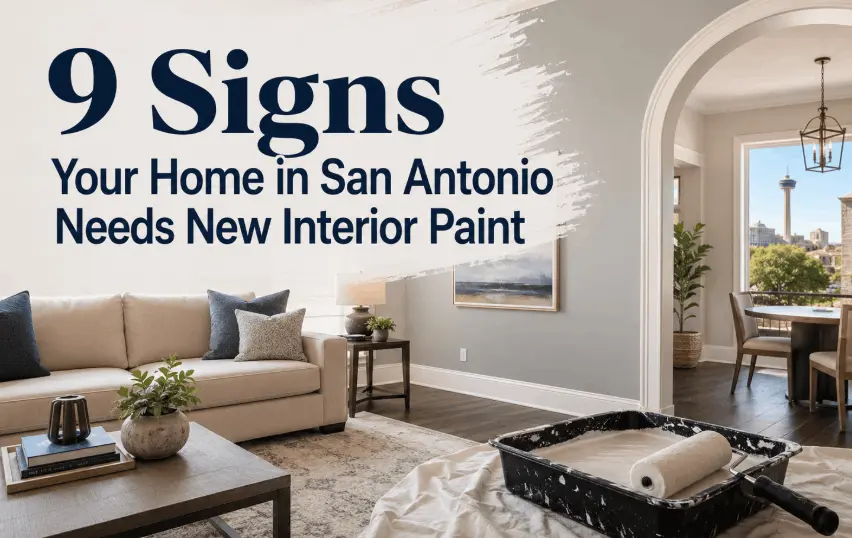 9 Signs Your Home in San Antonio Needs New Interior Paint 4 Modern San Antonio living room with paint tray and roller, featuring River City Painting logo and blog title about signs your home needs new interior paint.