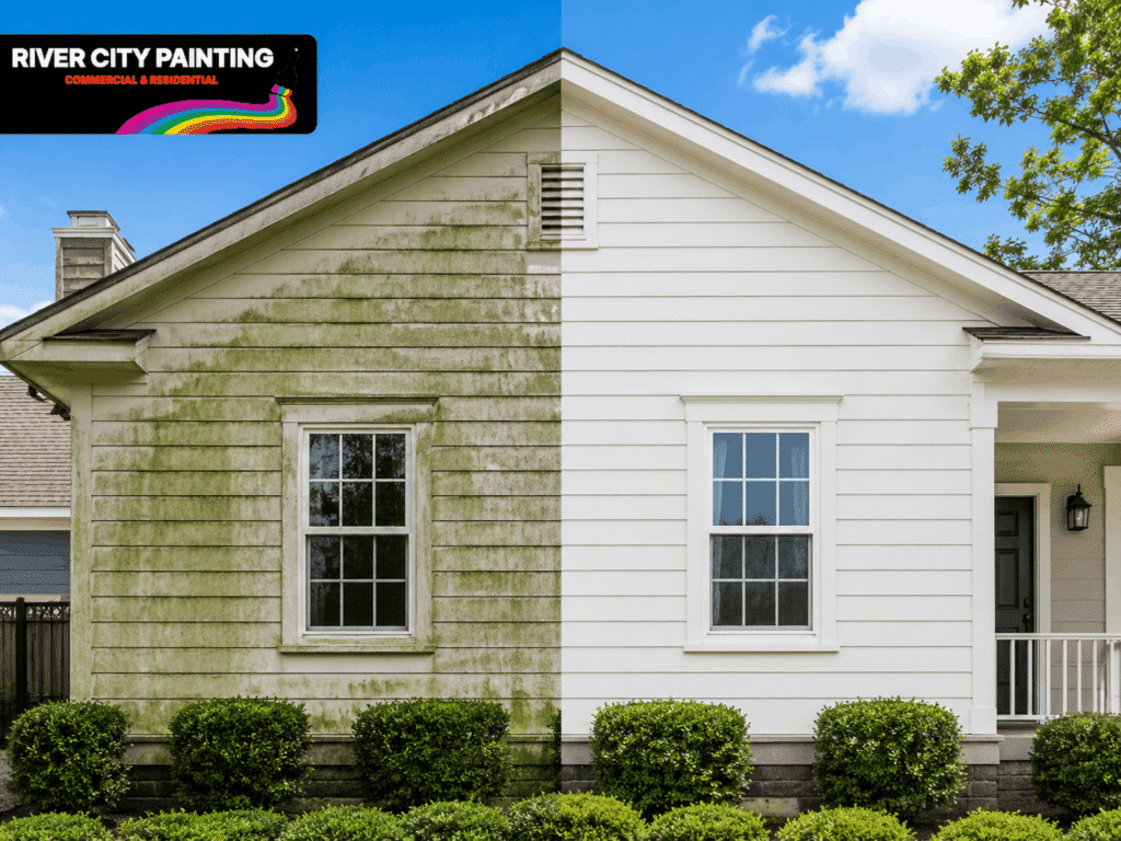 How Often Should You Power Wash Your Home in San Antonio, TX? 9 River City Painting before and after power washing San Antonio home