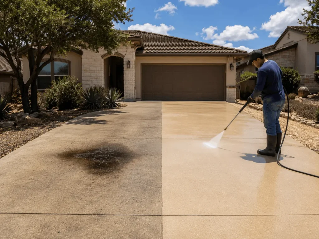 Driveway cleaning in suburban setting