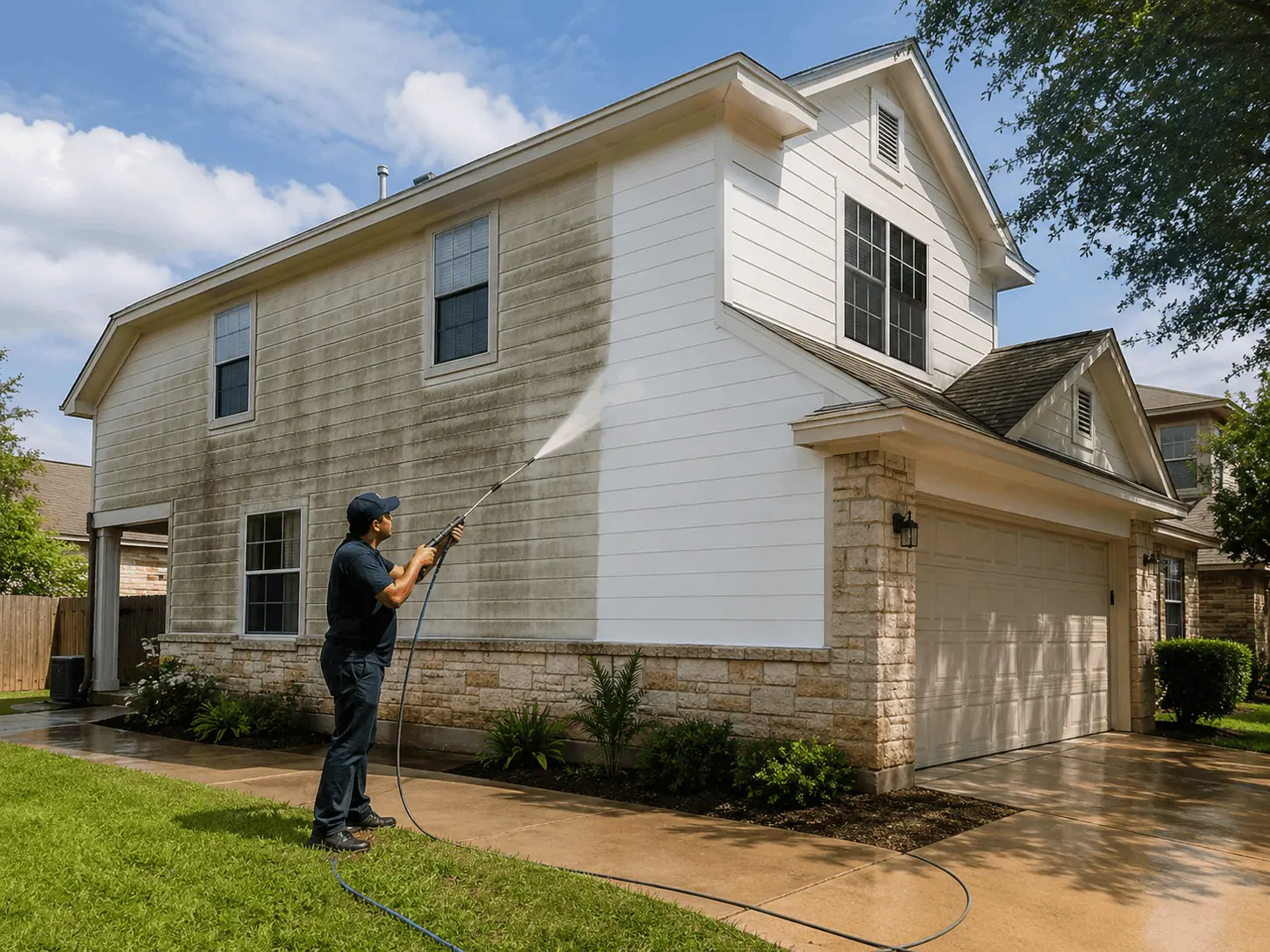Power washing a suburban home exterior