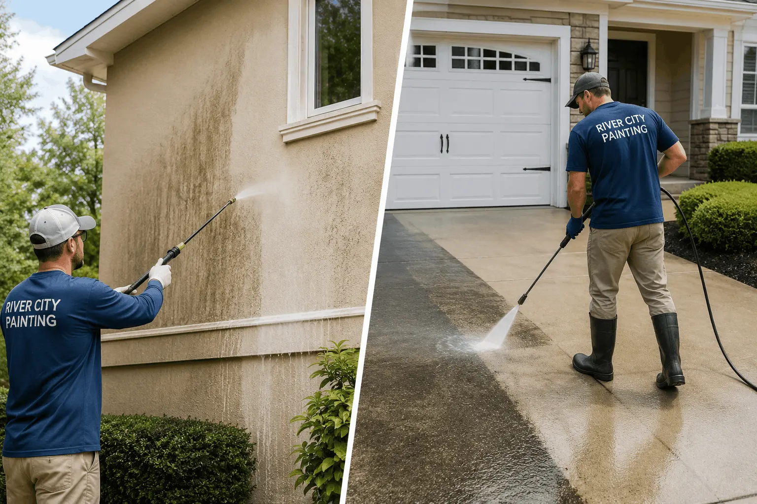 Split view of soft washing stucco wall and power washing driveway
