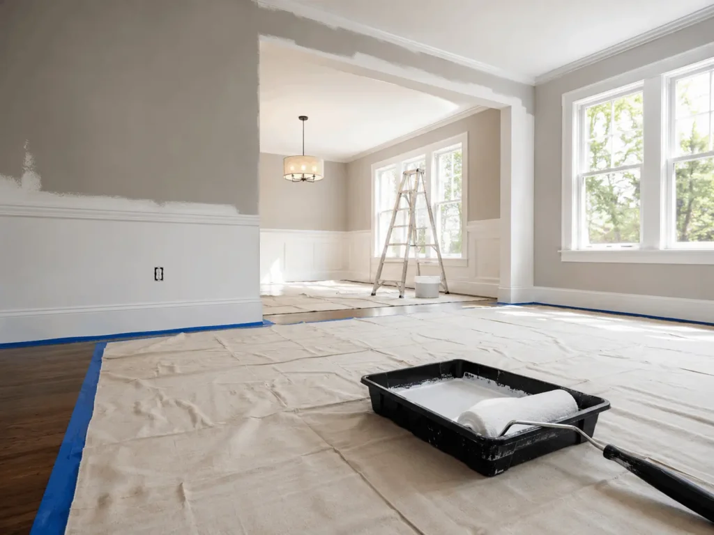 How to Protect Floors While Painting Your House 2 A wide shot of a bright, sunlit room mid-painting, with a canvas drop cloth neatly taped down over hardwood floors, a paint tray, and a roller in the foreground