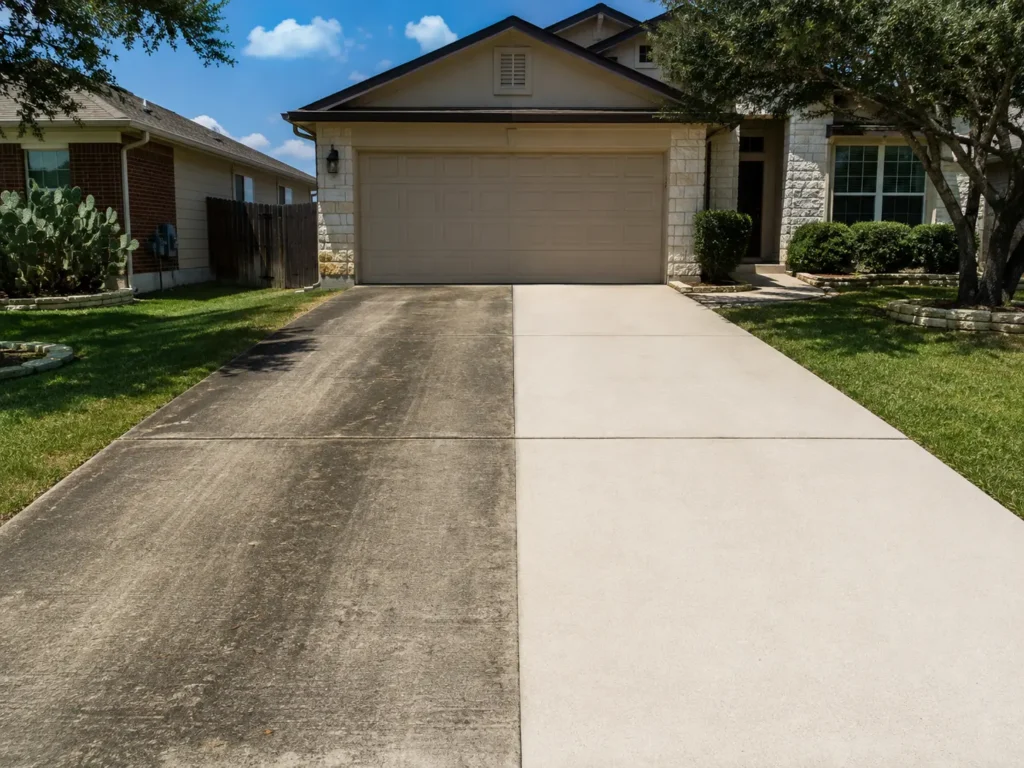 What Causes Black Streaks on Your Sidewalk and Driveway? 1 San Antonio concrete driveway, showing dark algae streaks on one half and clean concrete on the other