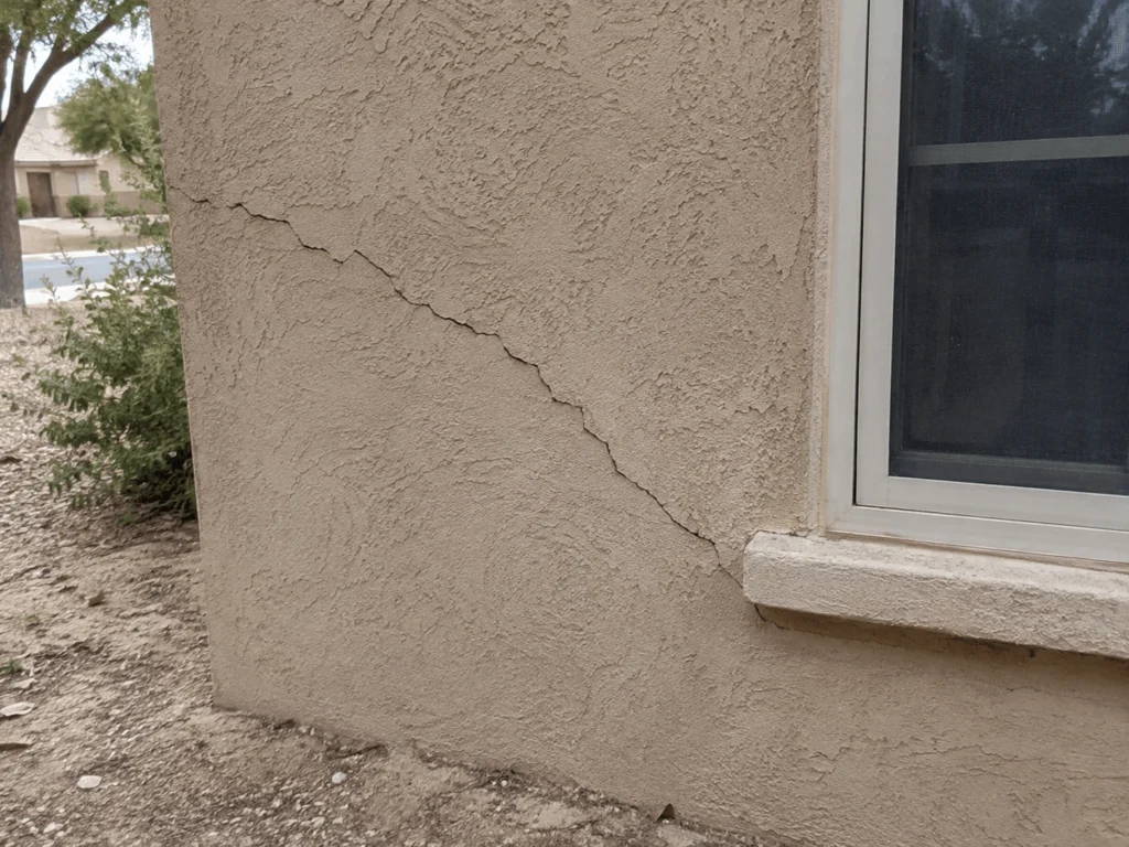 Why San Antonio's Caliche Soil Causes Stucco Cracking That Paint Alone Can't Fix? 1 stucco crack near a window corner on a San Antonio-style stucco home