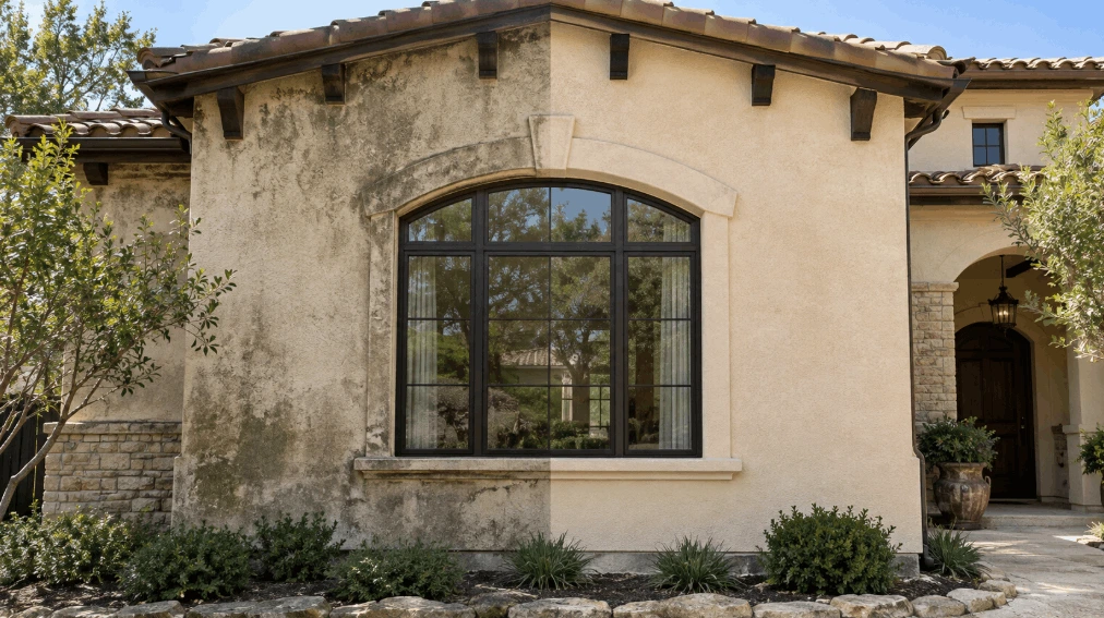 San Antonio stucco home exterior, showing dirt and mold on one half and a freshly power washed surface on the other half