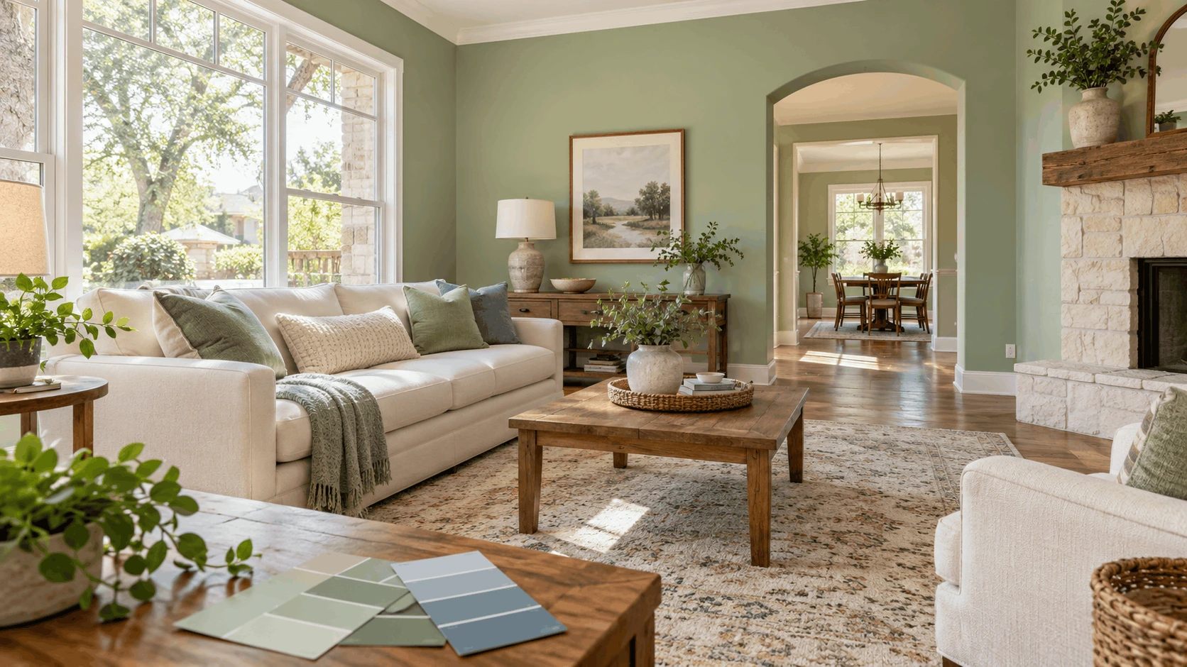 Freshly painted living room with soft sage green walls in a San Antonio home.