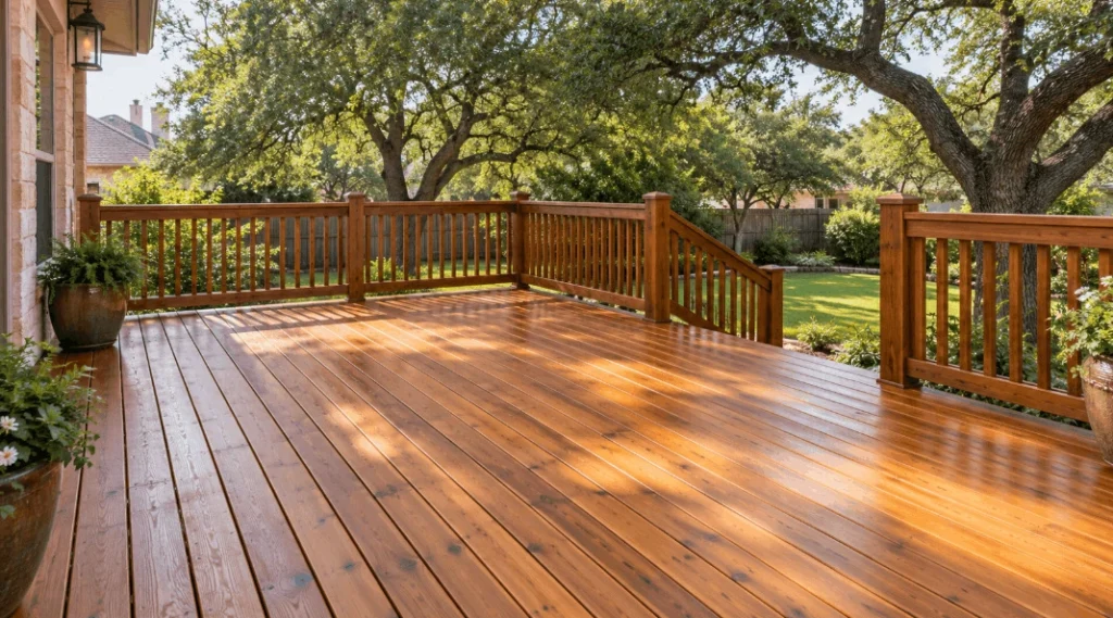 Freshly stained wood deck in a San Antonio backyard
