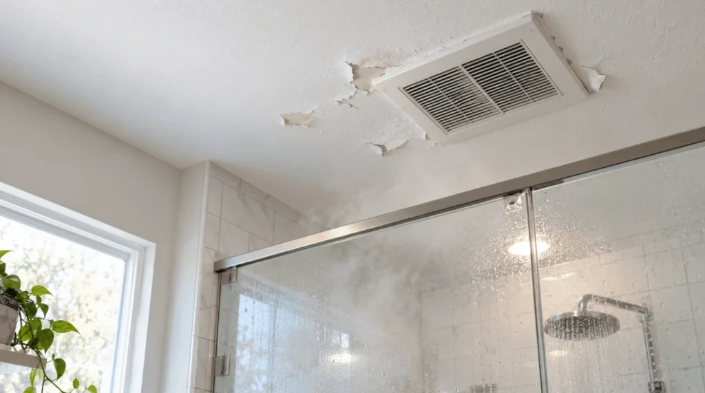 Peeling bathroom ceiling paint above a steamy shower in a San Antonio home.