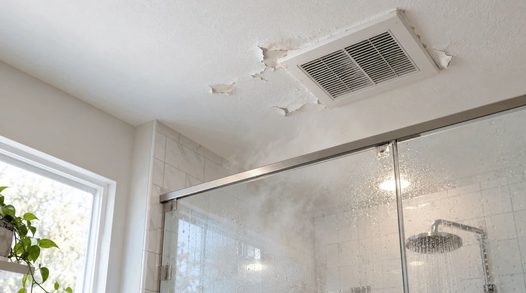 Peeling bathroom ceiling paint above a steamy shower in a San Antonio home.