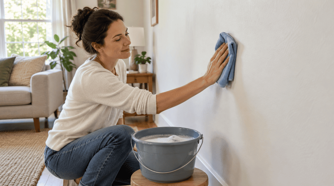 Person cleaning painted wall with soft cloth and mild soap.